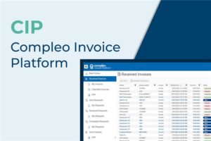 Text Compleo Invoice Platform with a computer screen showing the solution
