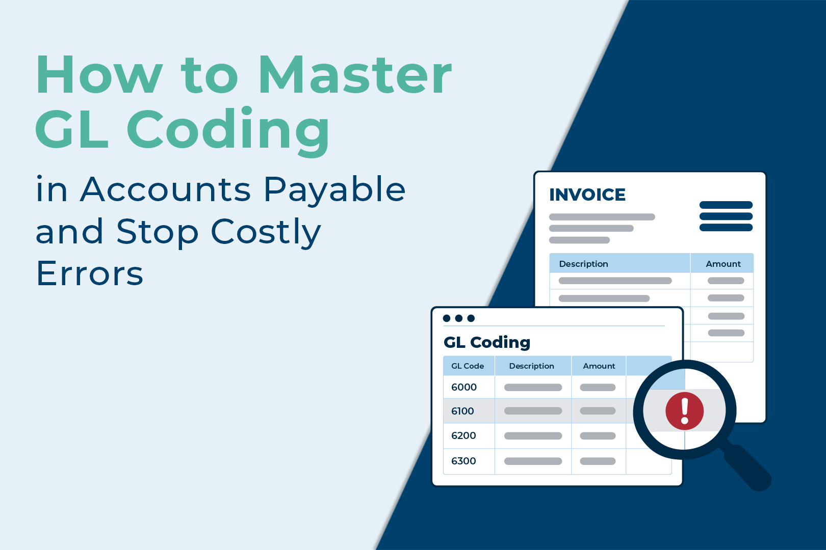 Illustration representing GL coding in accounts payable with an invoice, a ledger entry table, and a magnifying glass highlighting an error.