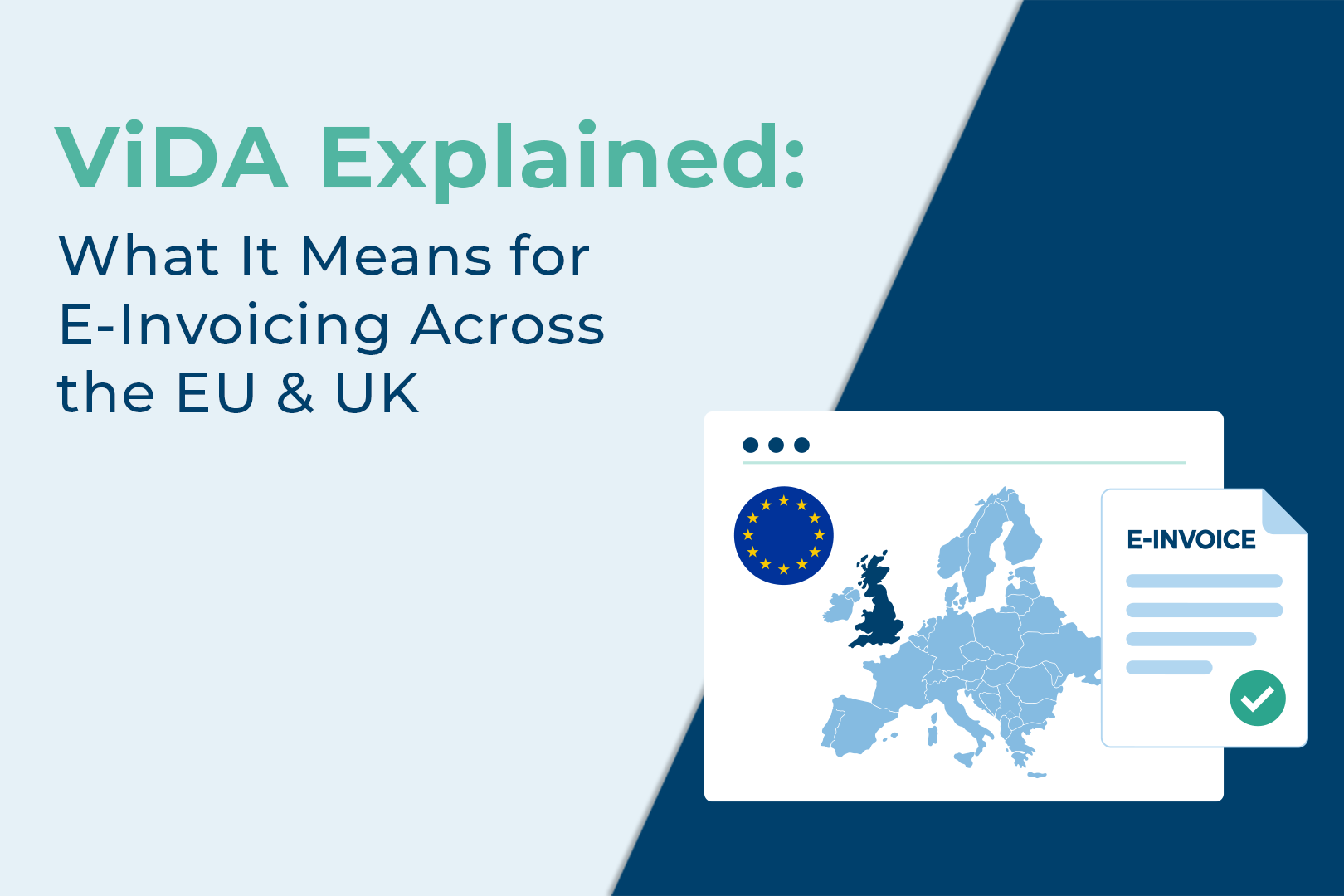 Graphic titled "ViDA Explained: What It Means for E-Invoicing Across the EU & UK" featuring a map of Europe, the EU flag, and an approved digital e-invoice icon.