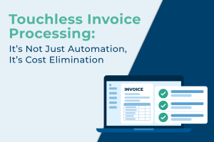 Touchless invoice processing feature banner showing automated digital invoice verification on a laptop screen.